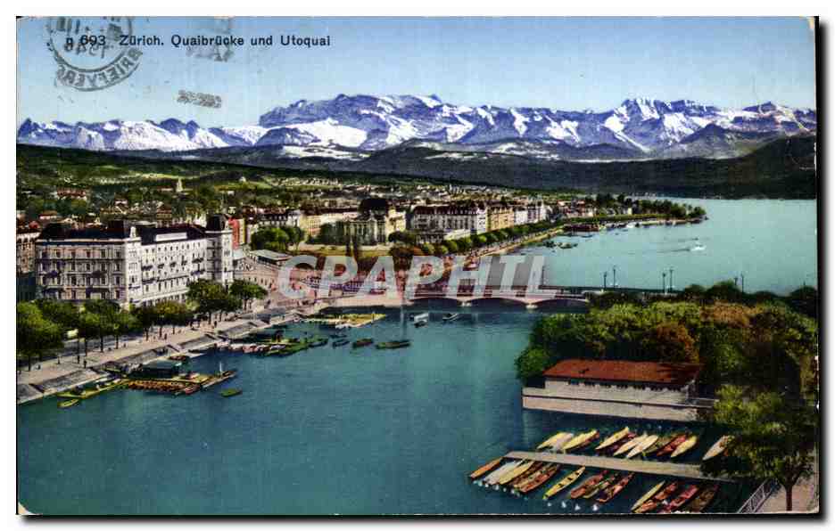 Zurich, Quaibrücke und Utoquai — vue panoramique avec montagnes enneigées — Photoglob-Wehrli & Vouga A.-G., n° 945
