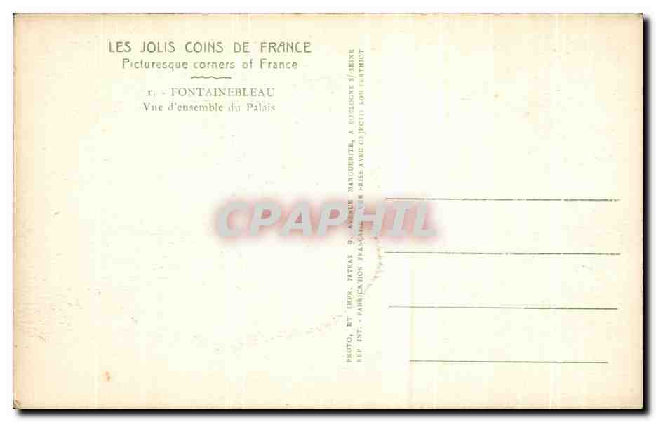 Fontainebleau — Allgemeiner Blick auf das Schloss — Verlag Patras, Nr. 1 — Rückseite