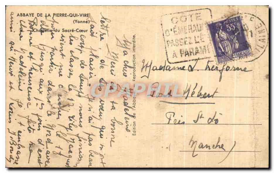 Chapelle du Sacré-Cœur — Abbaye de la Pierre-qui-Vire (Yonne) — Édition de l'Abbaye — Verso