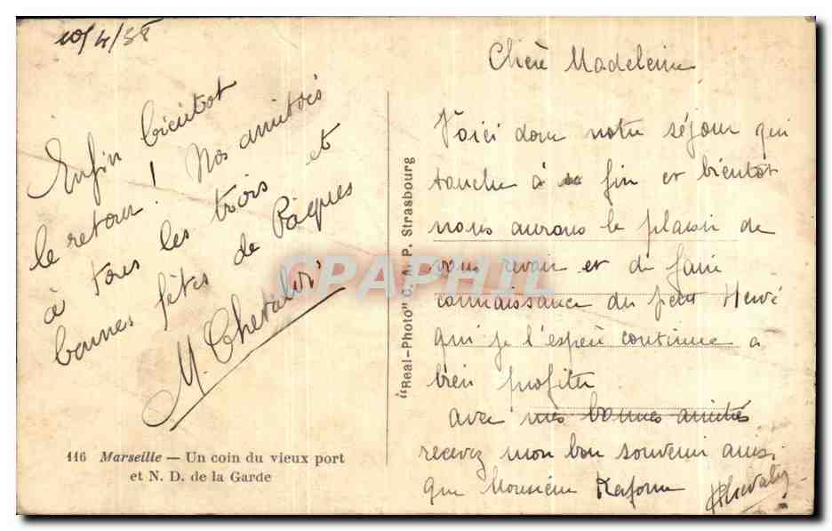 Tarjeta postal antigua Marsella Un Rincón del Viejo Puerto Y De La Guardia — Reverso