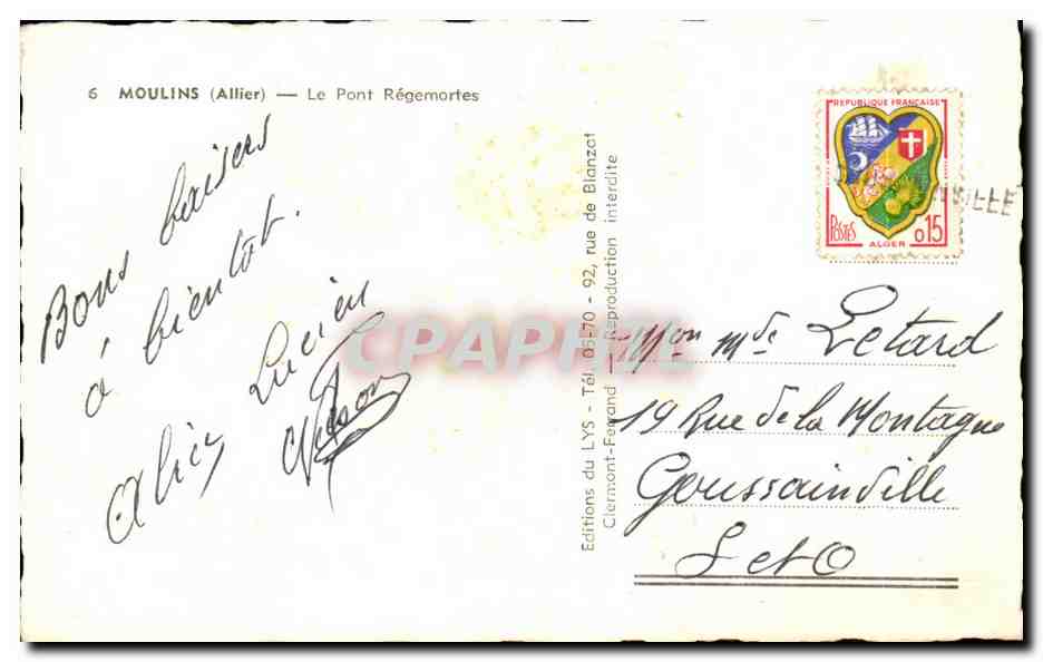 CPA Moulins Le Pont Regemortes — Verso