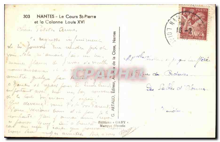 CPA Nantes Le Cours St Plerre et la Colonne Louis XVI — Verso