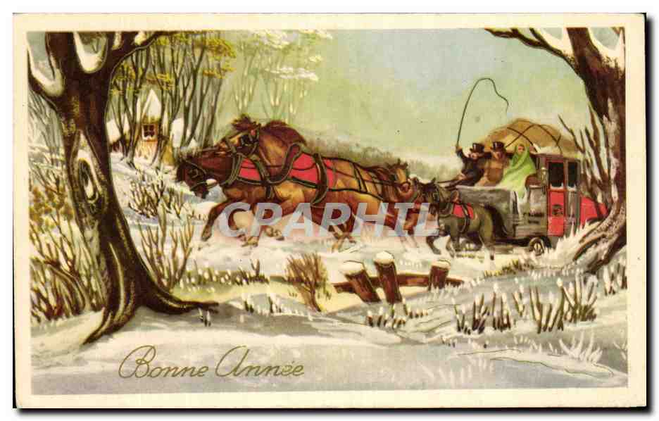 CPA Fantaisie Bonne Annee Caleche Cheval