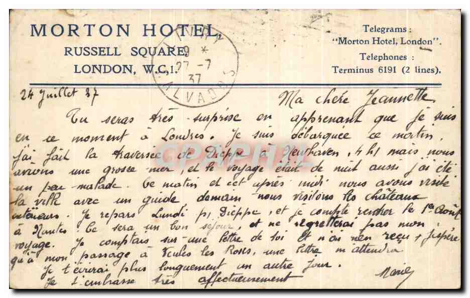 Carte postale Morton Hotel Russell Square London Jeanne Pucel Lury Calvados 1937 — Rückseite
