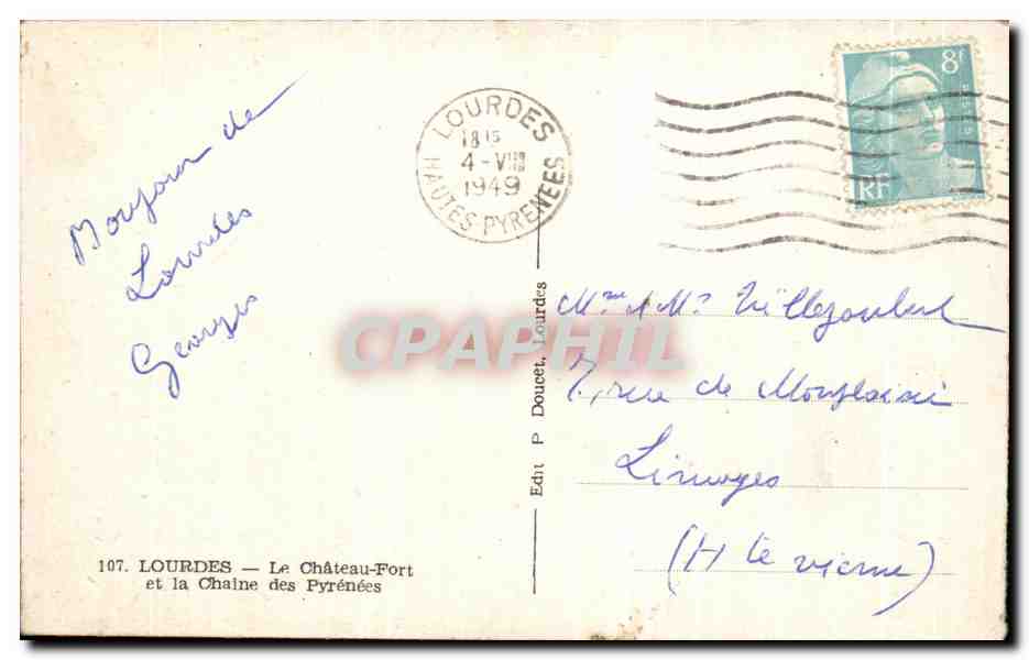 CPA Lourdes Le Chateau Fort et la Chaine des Pyrenees — Verso