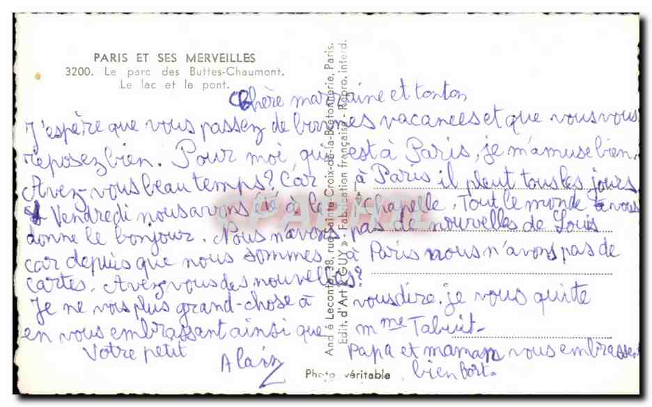 Le lac et le pont — Parc des Buttes-Chaumont — Édition Guy, n°3200 — Verso