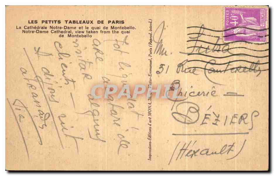 CPA Les Petits Tableaux De Paris La Cathedrale Notre Dame et le quai de Montabello Notre Dame — Verso