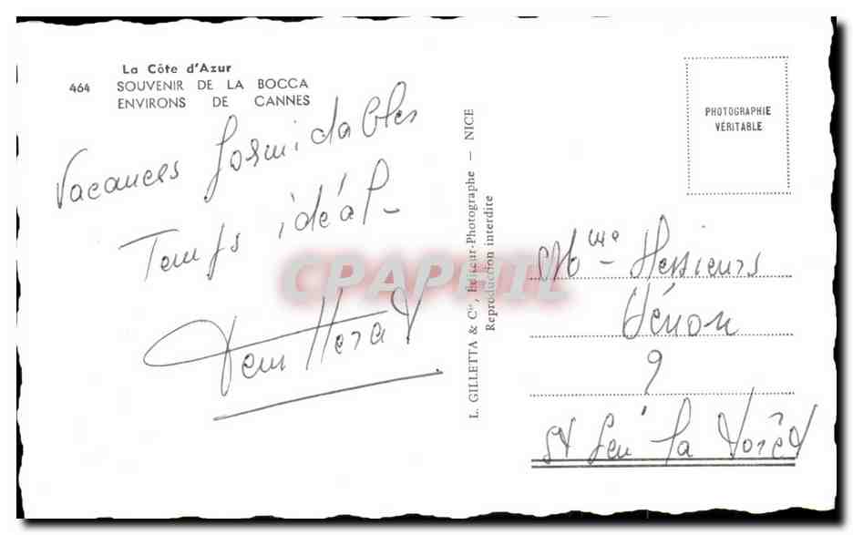 CPA La Cote d'Azur Souvenir de la Bocca Environs de Cannes — Rückseite