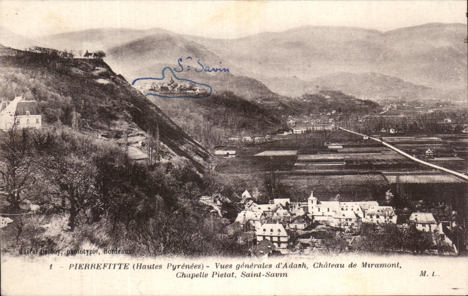 Pierrefitte (Hautes Pyrénées) — Vues générales d'Adash, Château de Miramont, Chapelle Pietat, Saint-Savin — Marcel Deinoy, phototypie, Bordeaux