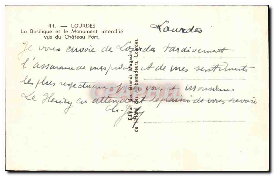 CPA Lourdes la Basilique et le Monument Interallie Vus du Chateau Fort — Verso