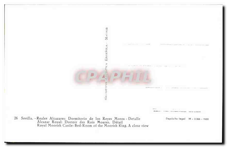 Alcazar de Séville — Dortoir des Rois Maures — détail — Héloïtia Artistica Española, n° 26 — Verso