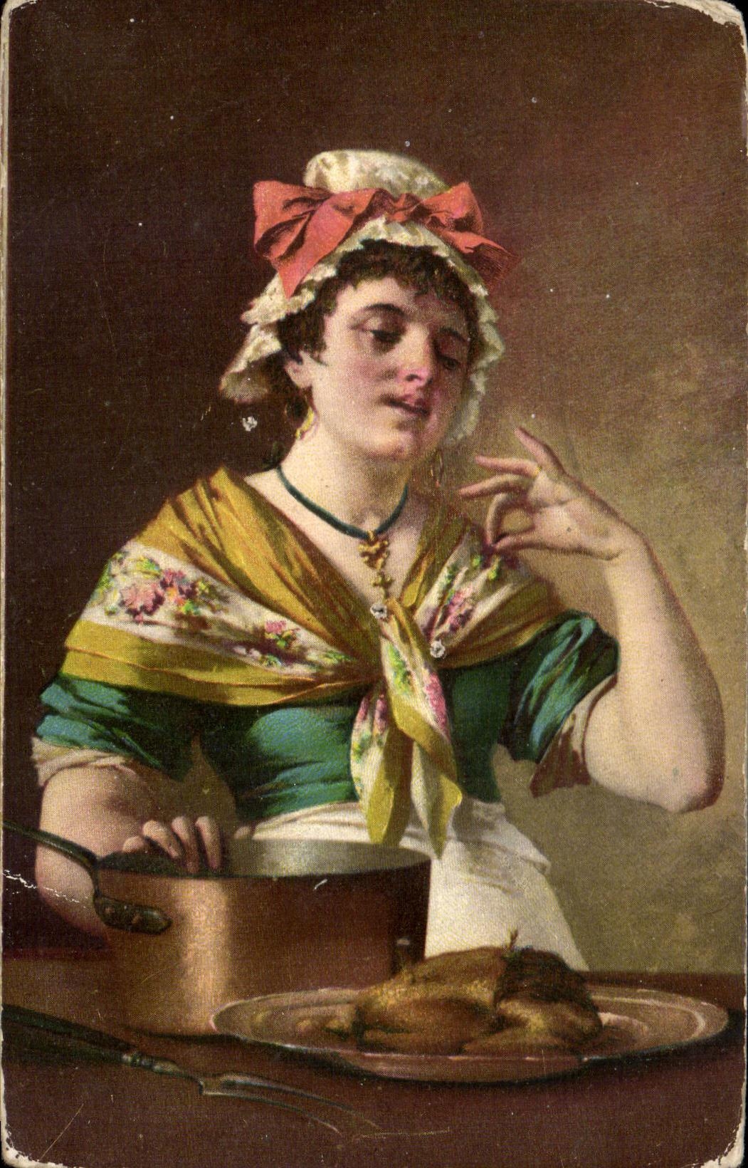 Jeune femme cuisinière — avec poulet rôti — éditeur CPAPHIL, n° de série non visible