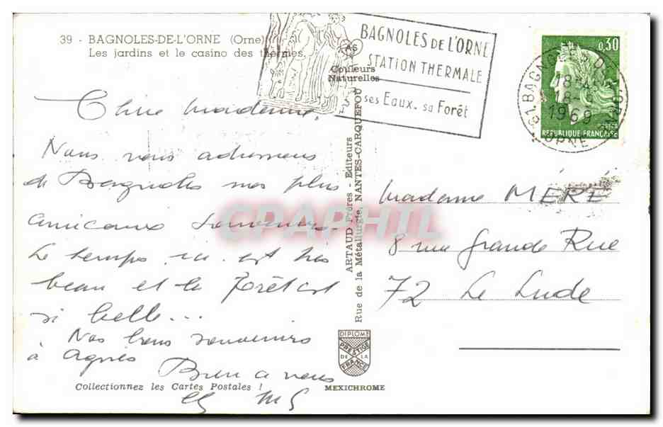 Bagnolles-de-l'Orne — Los jardines y el casino de los baños termales — Editor Artaud Frères, Nantes — Reverso
