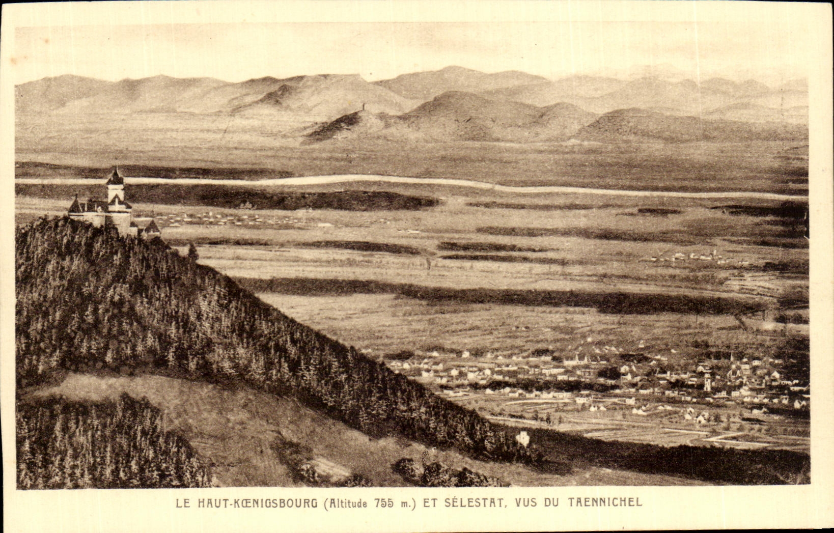 Le Haut-Königsbourg (Altitude 755 m.) et Sélestat, vus du Traennichel