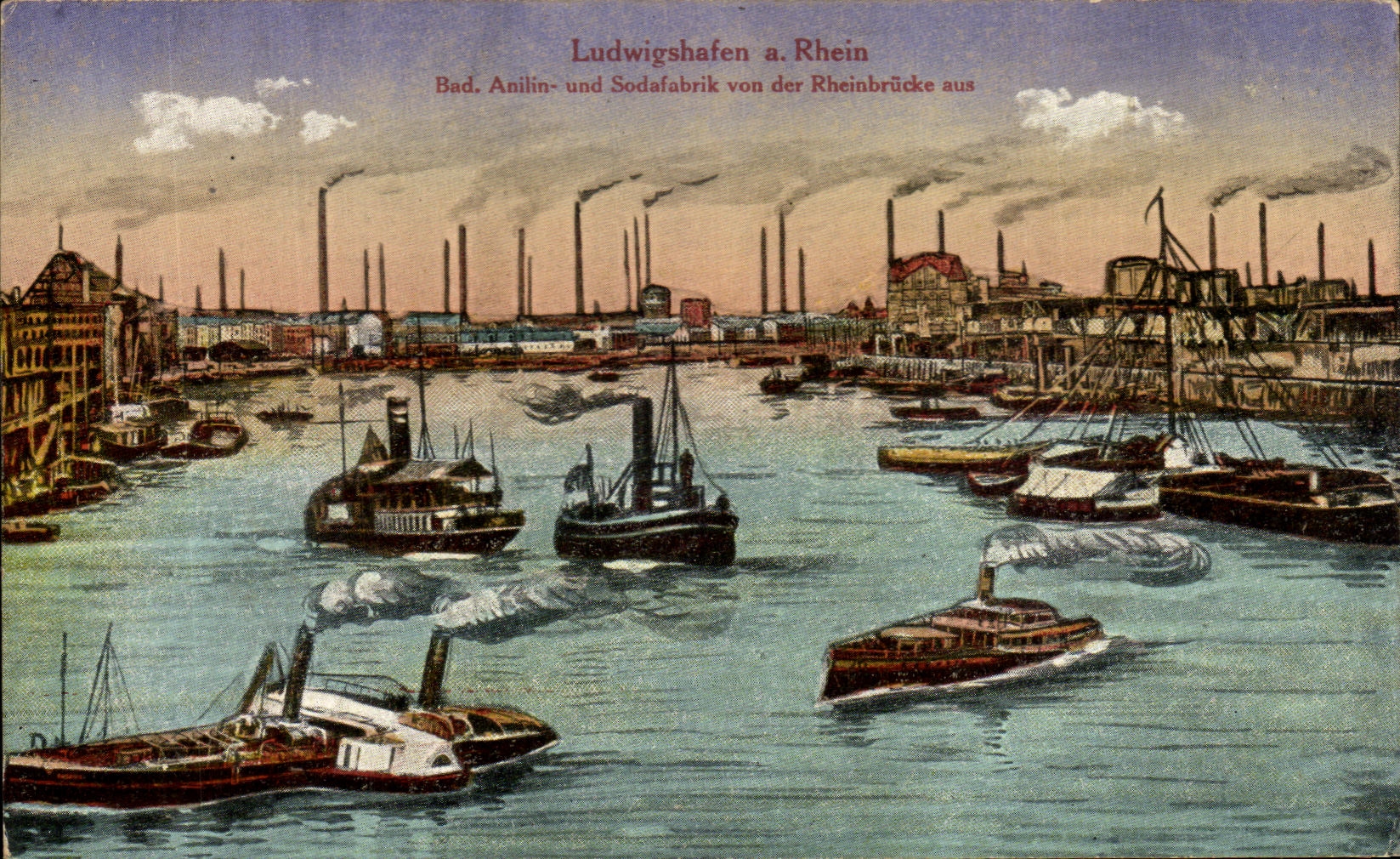 CPA Ludwigshafen a Rhein bad Auillin and Sodafabrik von der Rheinbruck aur Bateaux 