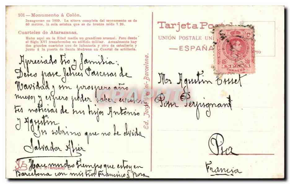 Barcelone — Monumento à Colón et Cuartel de Atarazanas — Éditeur Tarjeta Postal — Rückseite