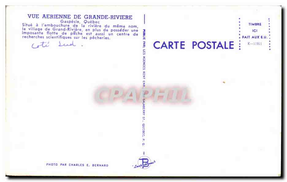 Grand-Rivière — vue aérienne — publiée par les Agences Kent E.M.I., St. Québec, P.Q. — Verso