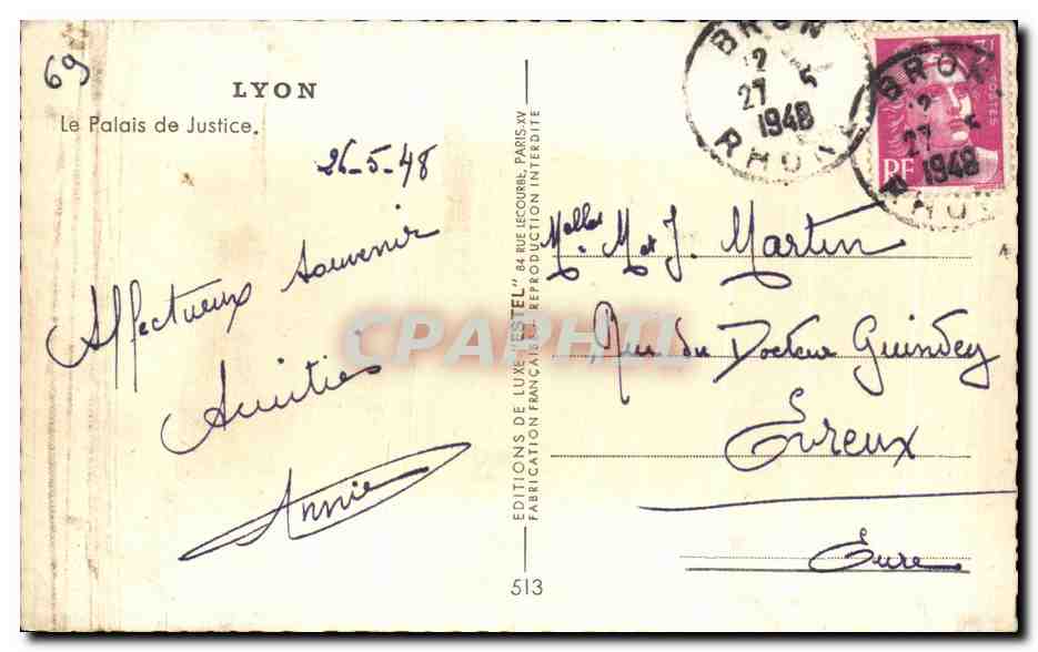Le Palais de Justice — Lyon — Éditeur Estel, n°69 — Verso