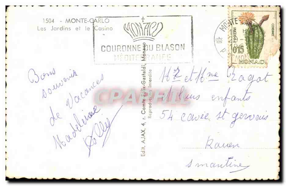 The Gardens and the Casino — Monte-Carlo — Publ. AJAX, no. 1504 — Back