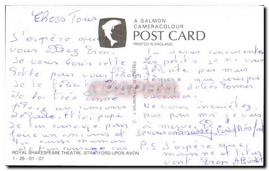 CPA Royal Shakespeare Theatre Stratford Upon Avon — Rückseite