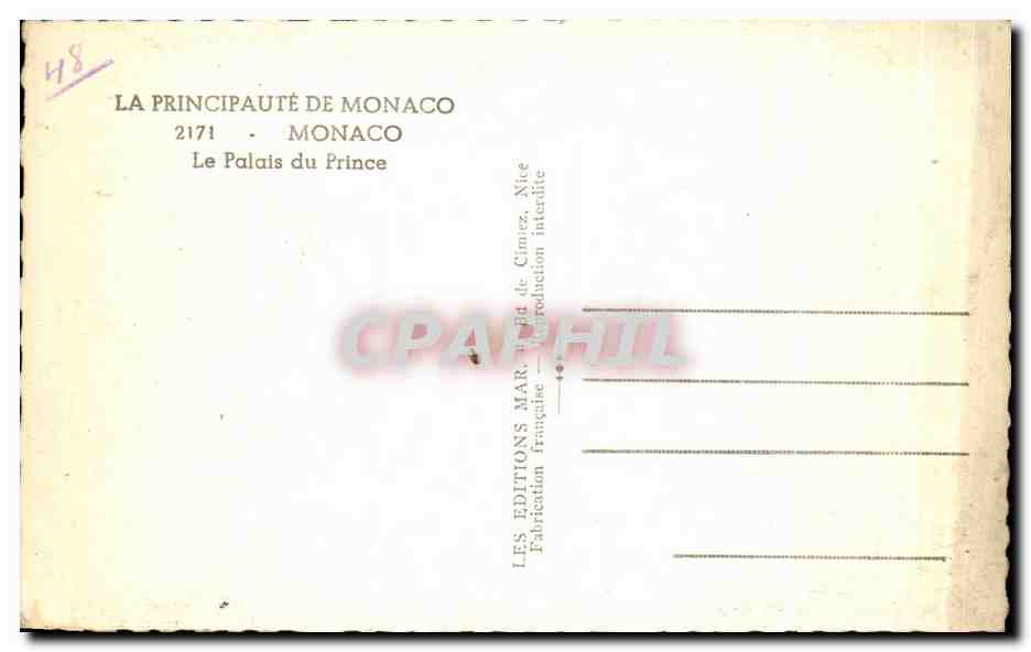 CPA La Principaute De Monaco Le Palais du Prince — Verso