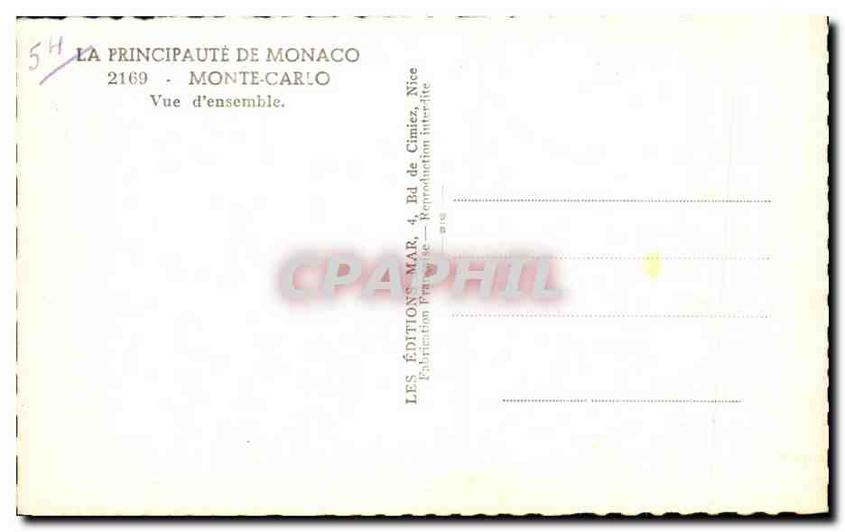 CPA La Principaute De Monaco Monte Carlo Vue d'ensemble — Rückseite