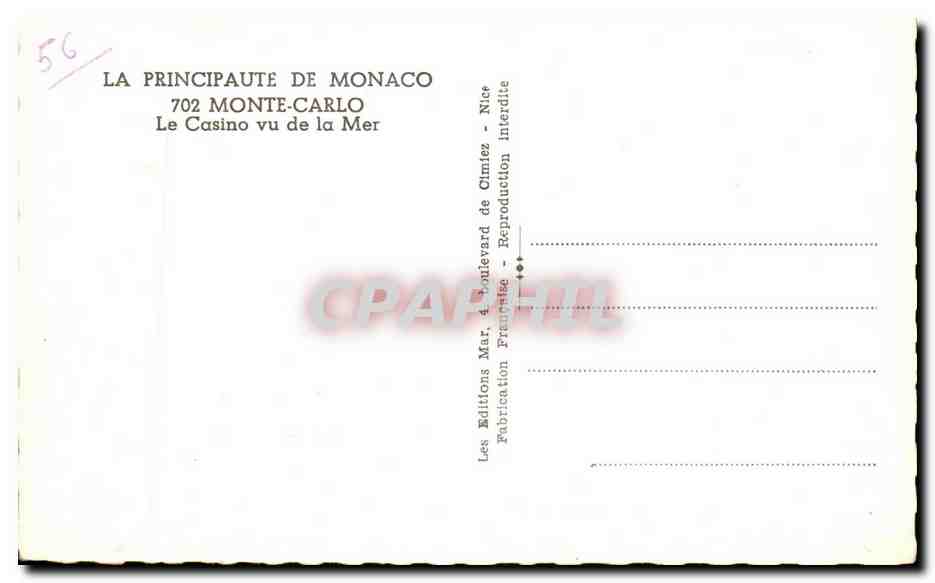 CPA La Principaute De Monaco Monte Carlo Le Casino vu de la Mer — Rückseite