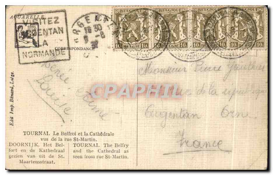 CPA Tournai Le Beffroi et la Cathedrale vus de la rus St Martin — Rückseite