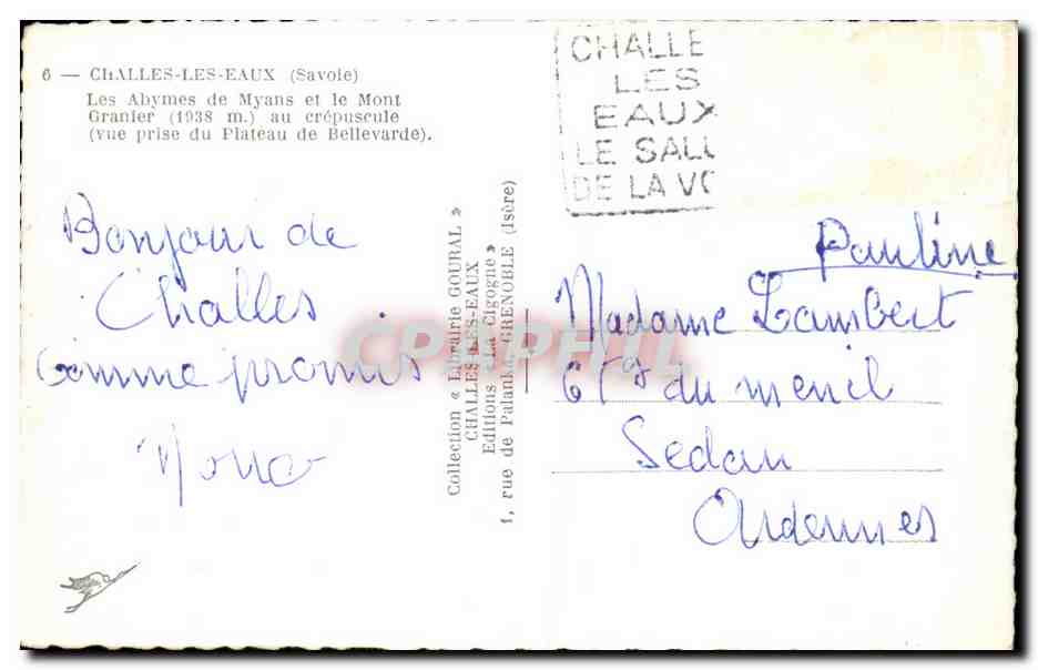 CPA Challes Les Eaux Les Abymes de Myans et le Mont Granier au Crepuscule  — Rückseite
