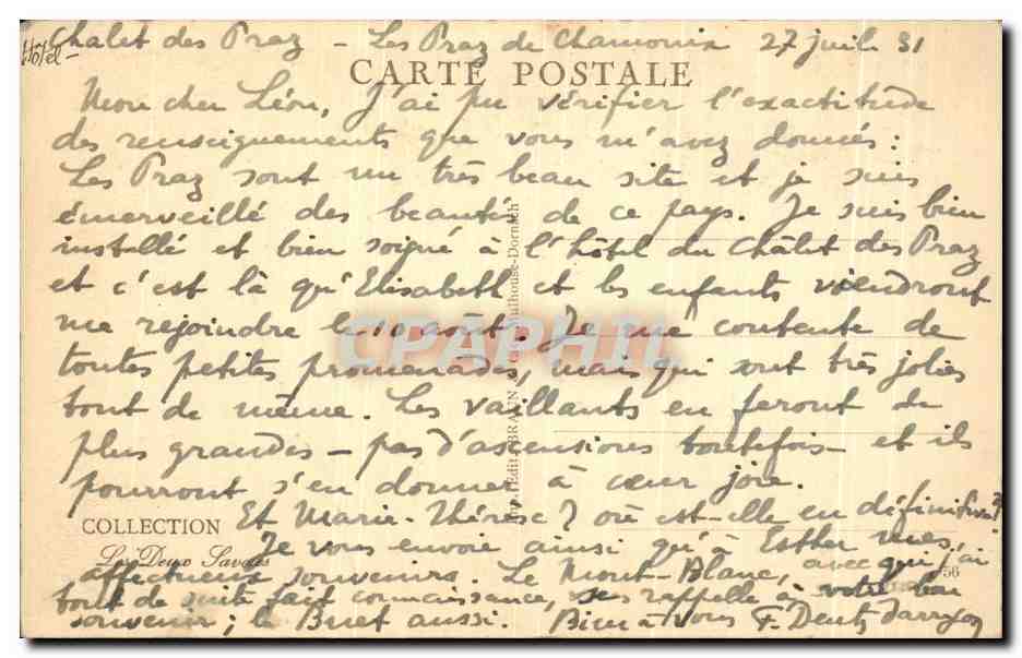 CPA Chamonix Les Praz De Et L'Aiguille Du Dru — Verso
