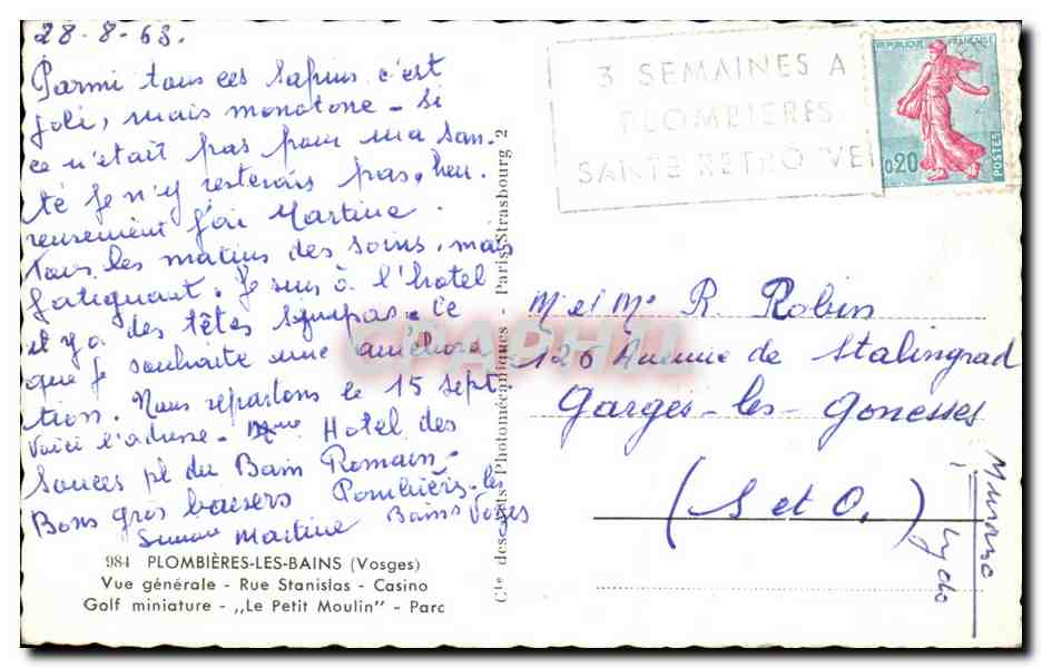 Plombières-les-Bains — vue générale — éditeur Cité des Arts Photomécaniques, n° 984 — Verso