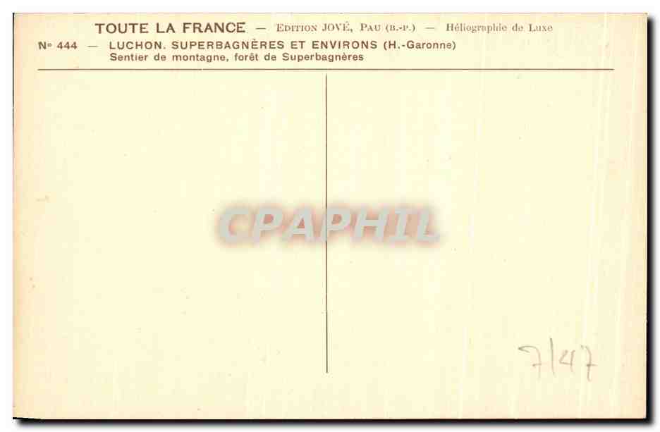 Sentier de montagne — forêt de Superbagnères — Édition Jové, Pau (B.P.) — Verso