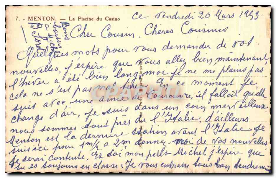 CPA Menton La Piscine du Casino — Rückseite