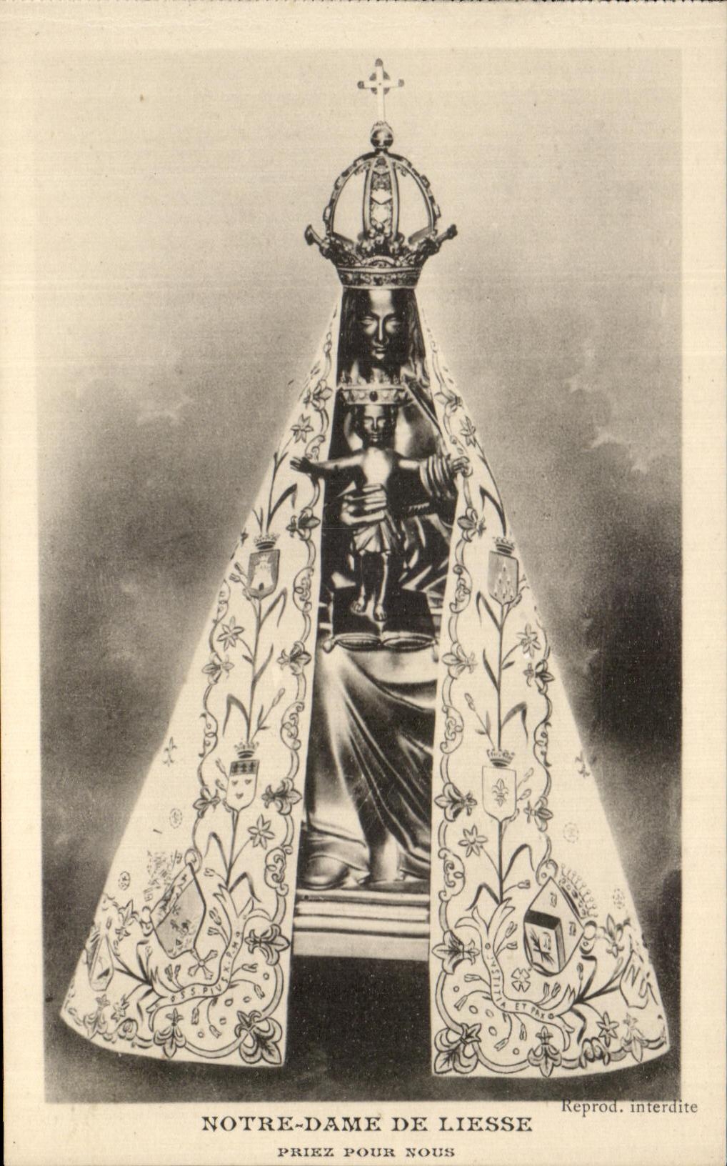 Unsere Frau von Liesse — gekrönte Statue, die das Jesuskind hält — Phototypie L. Blanmié, Reims