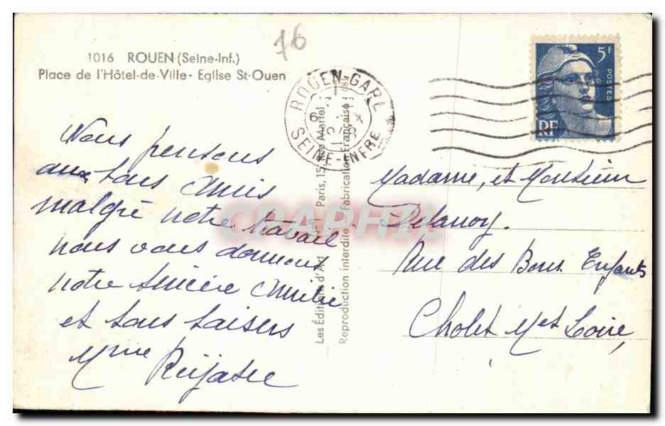 CPSM Rouen Place de l'Hotel de Ville Eglise St Ouen — Verso