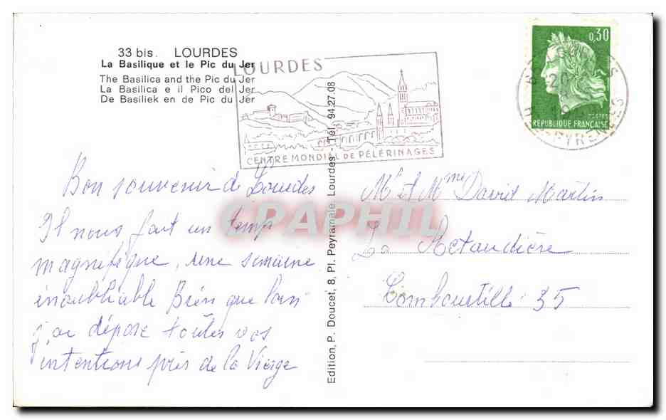 CPSM Lourdes La Basilique et le Pic du Jer Moutons — Verso