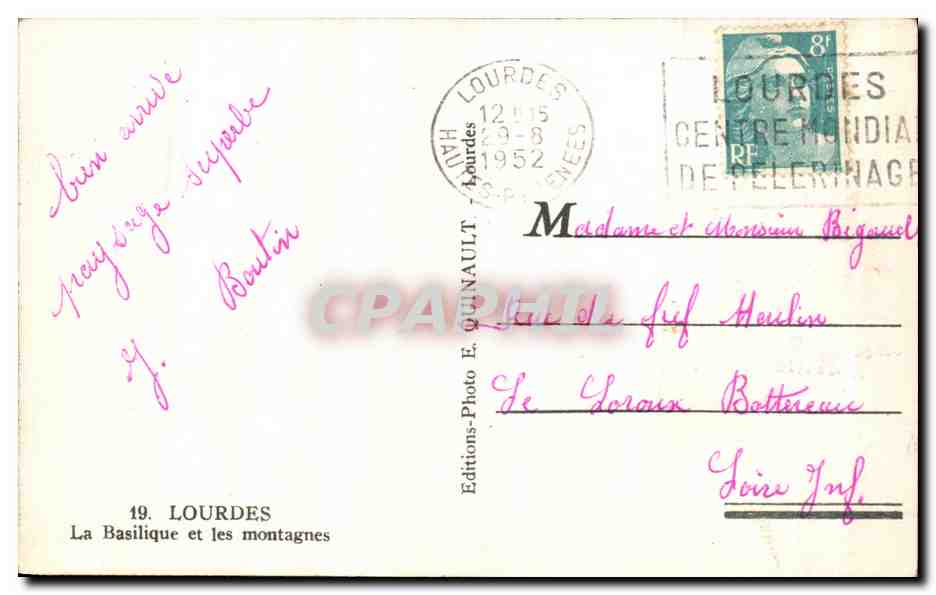 CPSM Lourdes La Basilique et les Montagnes — Verso