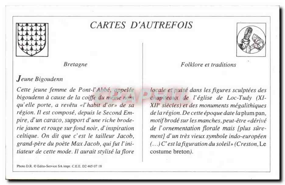 REPRO Cartes D'Autrefois Bretagne Jeune Bigoudenn Folklore Femme  — Rückseite