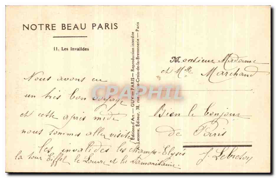 CPA Paris Les Invalides — Verso