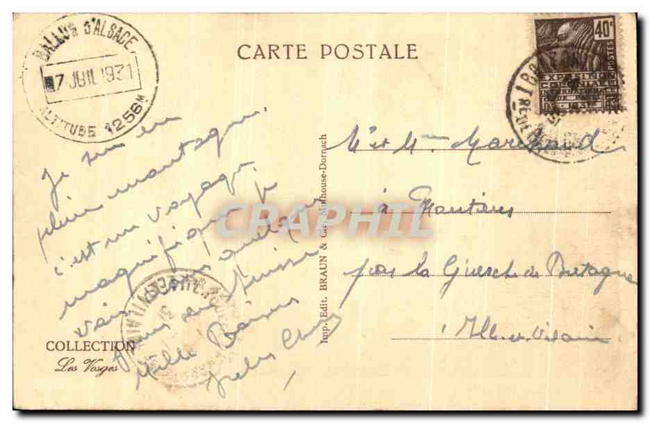 Ballon d'Alsace — Le Sommet — éditeur Braun & Cie, n° 1401 — Verso