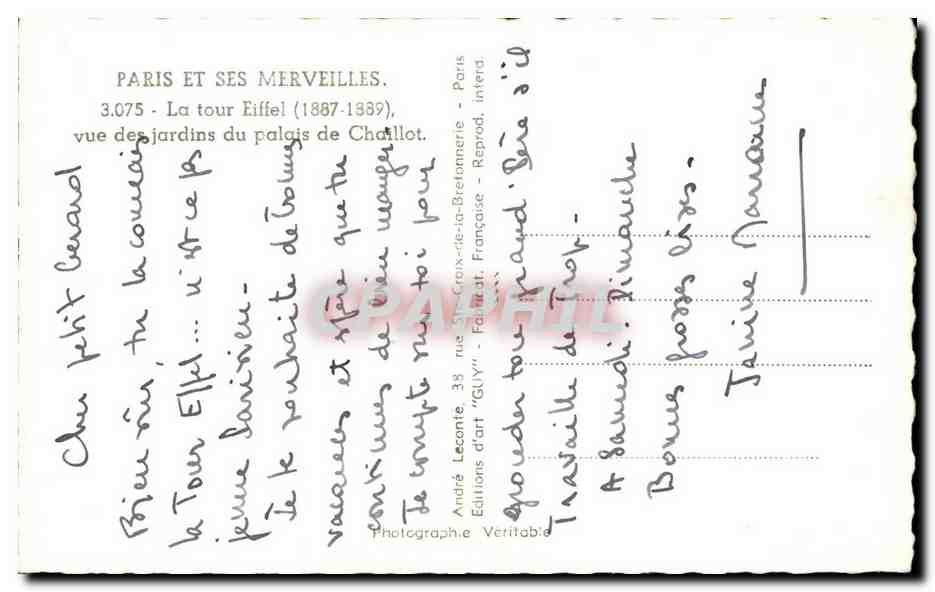 La Tour Eiffel — vue des jardins du Palais de Chaillot — Éditeur Guy, n° 3.075 — Reverso