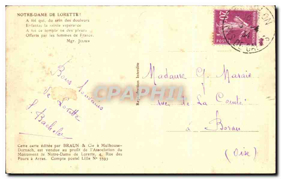 N.D. de Lorette — Die Kapelle. Aufnahme vom 19. März 1928 — veröffentlicht von Braun & Cie — Rückseite