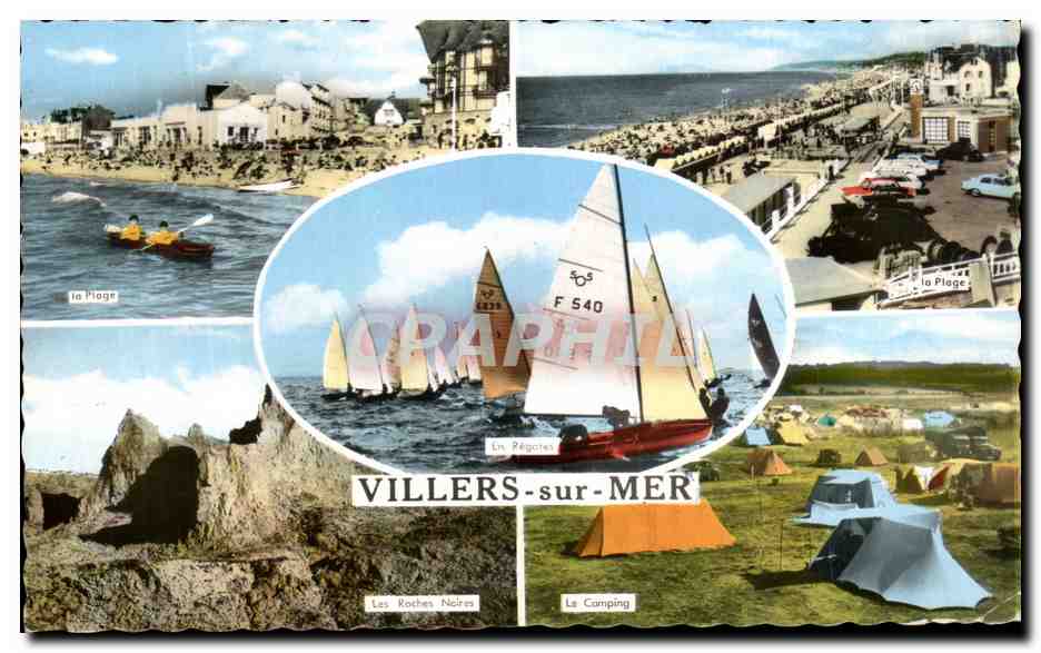 Villers-sur-Mer — vista panoramica con spiaggia, regate, campeggio e rocce nere — Edizioni Artaud Pére & Fils, Nantes