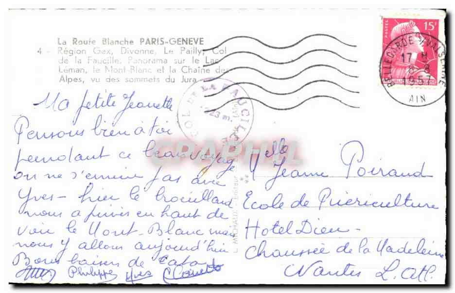 Vue du lac Léman et des Alpes — La Roue Blanche, Divonne, Col de la Faucille — éditeur inconnu, n° de série non visible — Verso