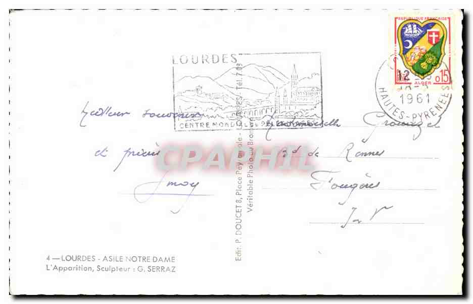 CPA Lourdes Asile Notre Dame L'Appartion Sculpteur — Verso
