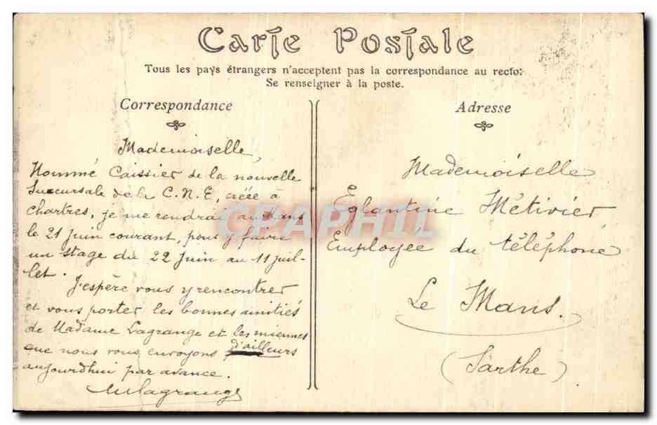 Vintage Postcard View of Chartres General View of Courtille — Back