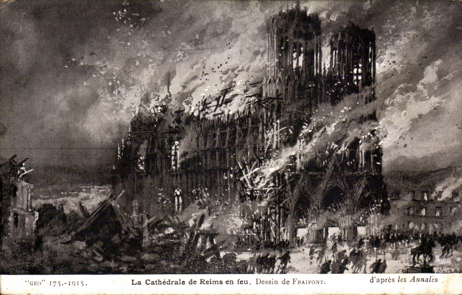 CPA La Cathedrale de Reims en Feu Dessin de Fraiport d'Apres les Annales Militaria