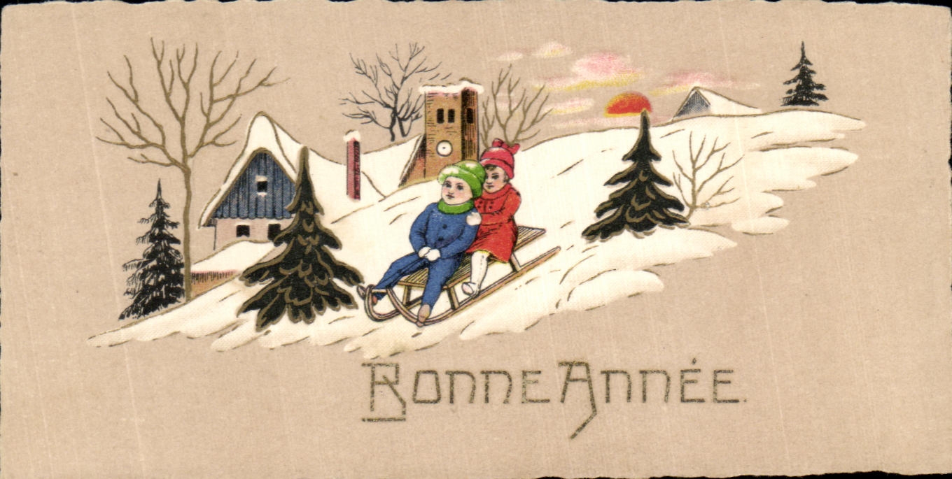 CPA Fantaisie Luge Enfants Bonne Annee