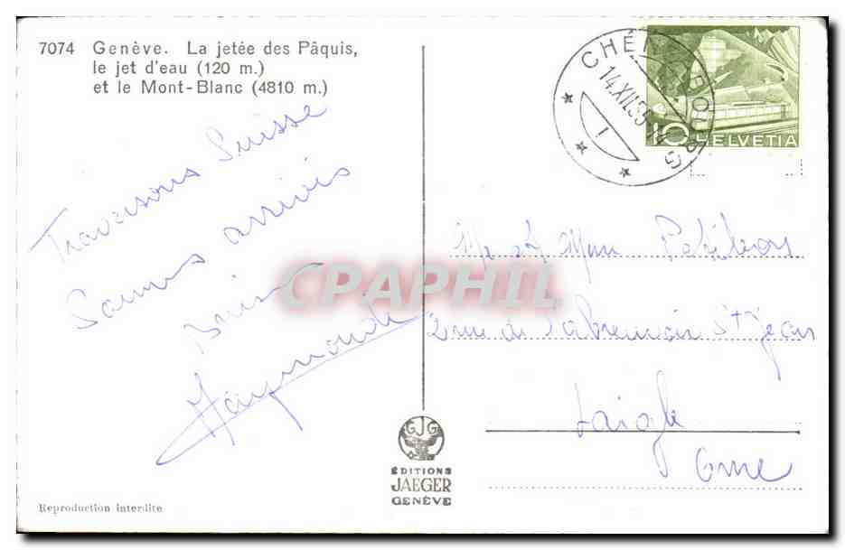CPA Geneve La Jetee des Paquis le jet d'eau et le Mont Blanc — Rückseite