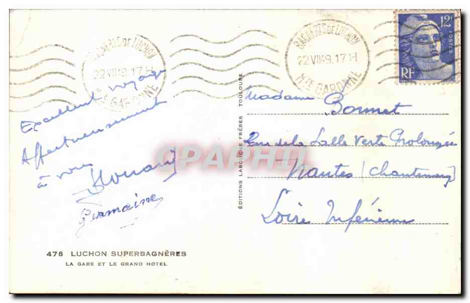 Luchon - Le Grand Hotel et la gare — Éditions Larcic & Frères, Toulouse — Verso